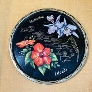 Vintage Souvenir Metal Dish Tray Hawaii black gold flowers